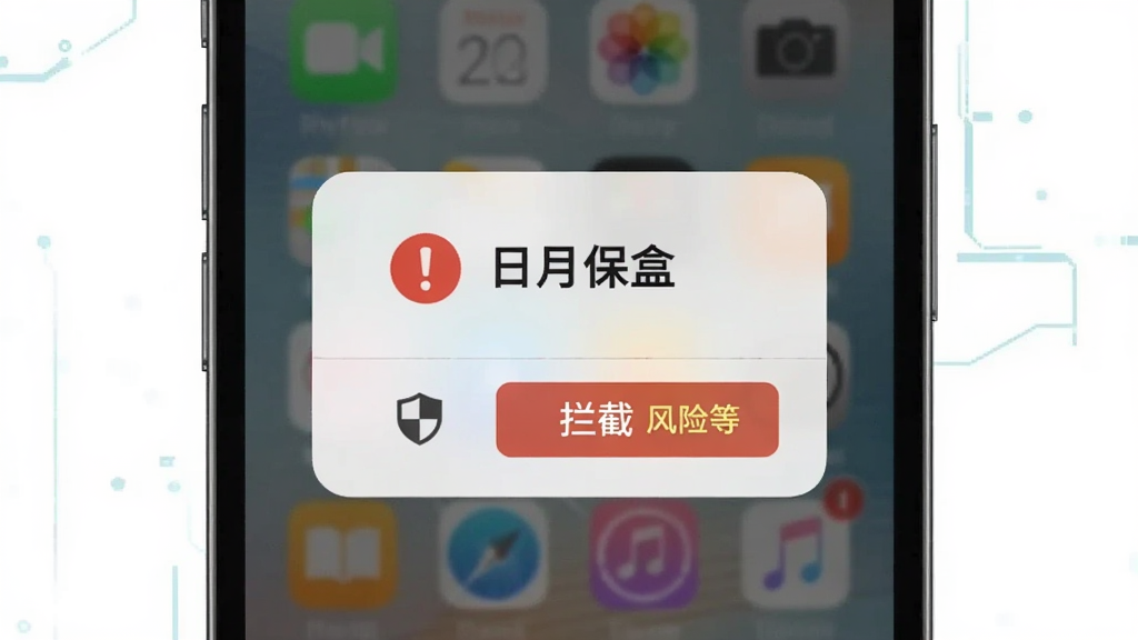 画面主体为手机屏幕弹出安全预警弹窗,弹窗内显示红色感叹号图标与风险提示文字