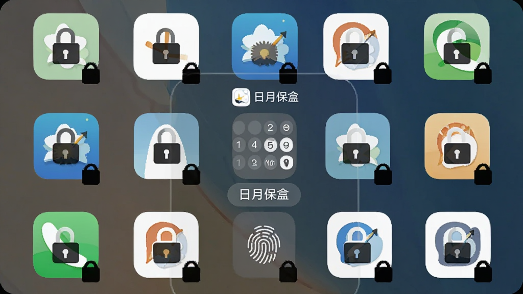 画面展示手机屏幕上有多个应用图标,其中部分图标上覆盖着锁形标志,画面中央有