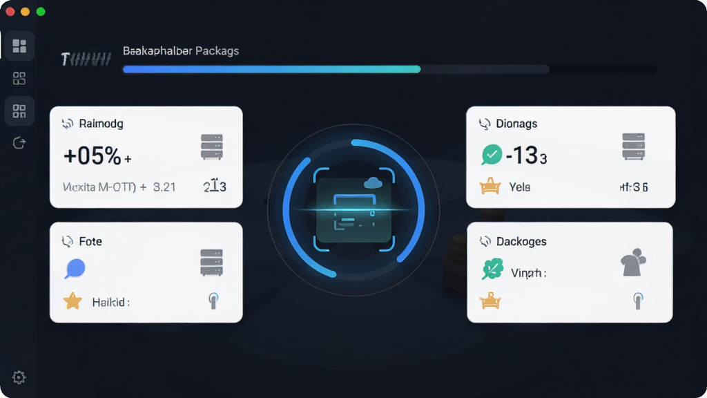 主体为安装包管理软件界面,展示智能扫描功能,屏幕上出现扫描进度条和分类标签,布局为中间圆形扫描动画配合四周分类卡片,排版采用卡片式网格布局,风格为清新简约的科技风格,细节包括扫描百分比数字、文件数量统计、分类图标等,画质高清,干净无多余元素