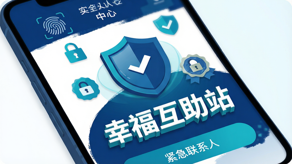 画面主体为手机屏幕上的安全中心界面,界面中有盾牌图标、实名认证标识和紧急联系人按钮。布局为盾牌居中,周围环绕着锁、对勾等安全符号。排版上“幸福互助站”文字以立体字形式出现在盾牌下方。风格为科技安全感的扁平插画,色调以深蓝色、青色和白色为主。细节包括指纹识别图标、加密锁、安全认证徽章。画质高清,画面干净,无多余元素。