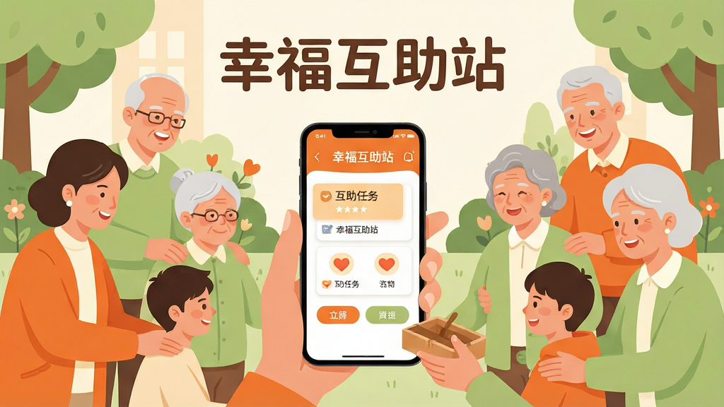 画面主体为一群不同年龄段的社区居民在小区花园中互相帮助的温馨场景,画面中央放置一部智能手机,手机屏幕上显示“幸福互助站”应用界面,界面中有互助任务卡片和爱心图标。布局采用中心构图,人物环绕手机形成半圆。排版上文字“幸福互助站”置于画面顶部中央,字体圆润清晰。风格为温暖写实的扁平插画风,色调以橙色、浅绿色和米白色为主。细节包括微笑的面孔、递送物品的手部动作、手机界面上清晰的功能按钮。画质高清,画面干净,无多余元素。