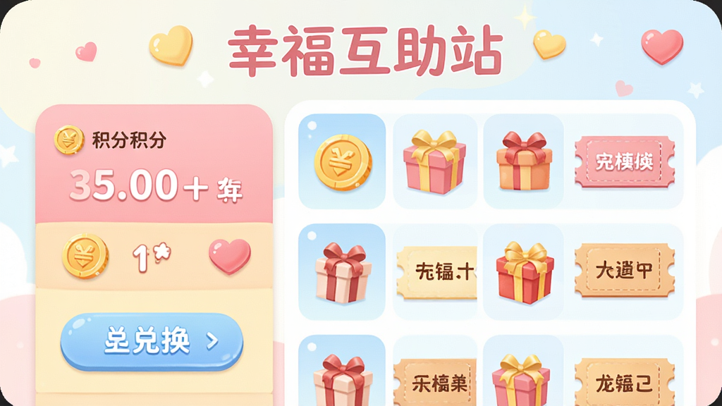 画面主体为一个虚拟的爱心商城界面,界面中展示着各种小礼品和优惠券,旁边有积分数字和爱心图标。布局采用左右分栏,左侧为积分展示,右侧为商品列表。排版上“幸福互助站”字样以柔和字体出现在顶部。风格为清新可爱的电商插画风,色调以粉色、浅黄色和天蓝色为主。细节包括积分币、礼物盒、兑换按钮。画质高清,画面干净,无多余元素。