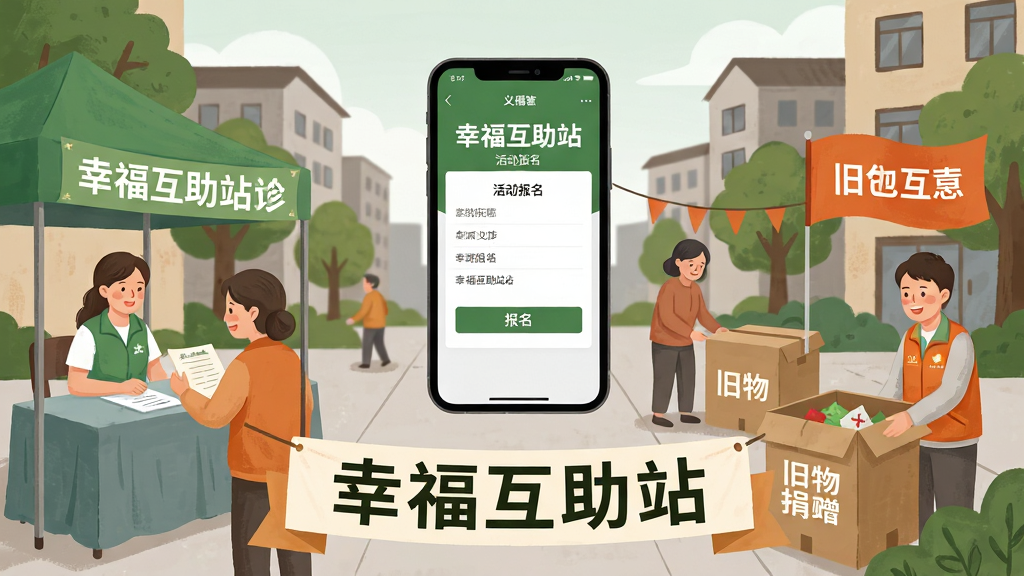 画面主体为社区广场上正在进行的公益活动场景,有义诊摊位、旧物捐赠箱和志愿者旗帜。画面中央悬浮一部手机,手机屏幕显示“幸福互助站”活动报名页面。布局为前景人物活动,背景为社区建筑。排版上“幸福互助站”文字以横幅形式出现在画面下方。风格为温暖纪实插画风,色调以绿色、橙色和暖灰色为主。细节包括微笑的志愿者、活动横幅、手机界面上的报名按钮。画质高清,画面干净,无多余元素。