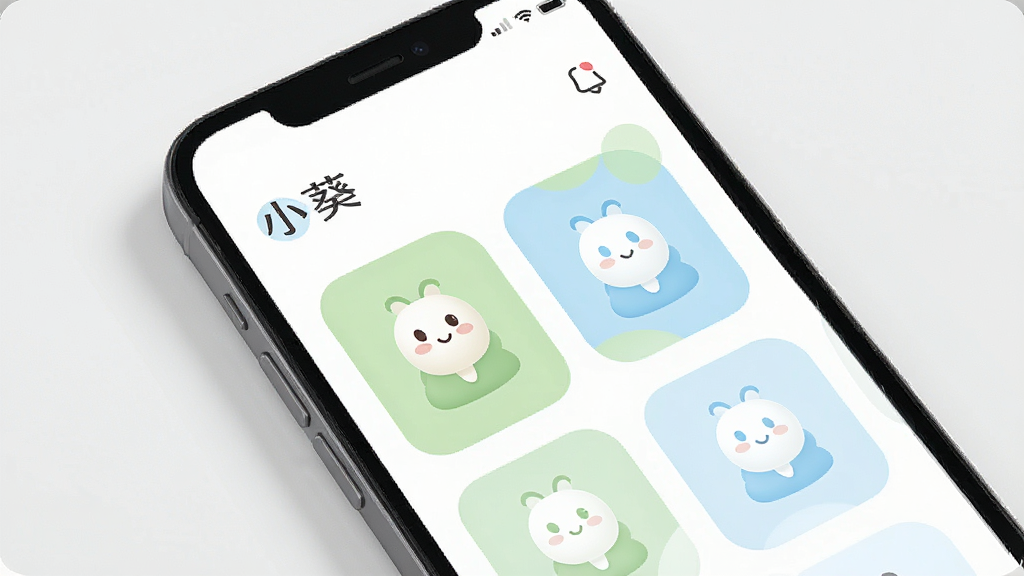 一张手机界面设计展示图,画面中“小葵”应用界面以卡片式布局呈现,色彩以白、浅绿、淡蓝为主,图标圆润简洁,整体风格清新素雅,画面干净无杂乱元素,高清画质