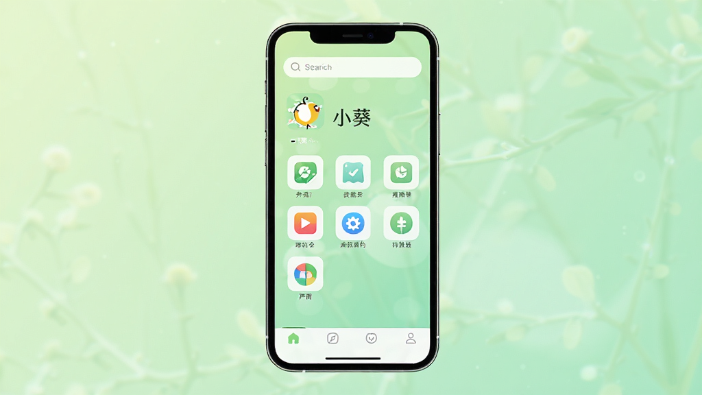 一张展示智能手机屏幕的图片,屏幕中央显示“小葵”应用的主界面,界面风格清新简洁,顶部有搜索栏,中部排列着多个功能图标,底部有导航栏,背景为柔和的浅绿色渐变,画面干净明亮,无多余元素,高清画质