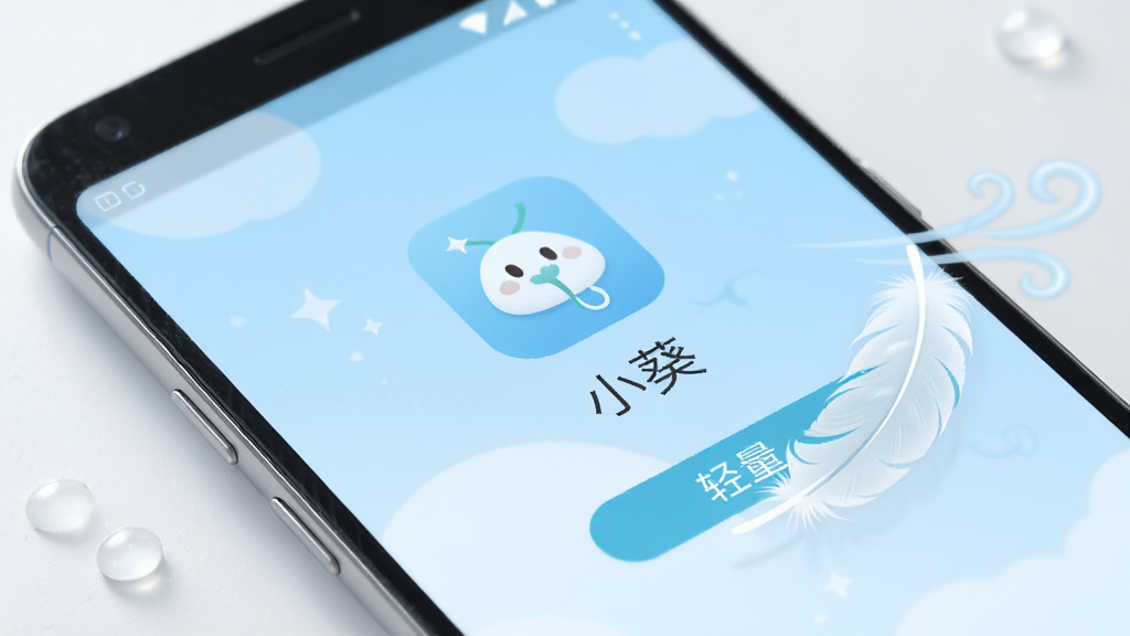 一部安卓手机特写,屏幕上显示“小葵”应用的安装完成界面,旁边有羽毛和轻风元素象征轻量,整体色调为浅蓝与白色,画面简洁干净,突出“轻盈快速”的视觉感受,高清画质