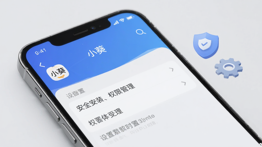 一部手机屏幕显示“小葵”应用设置界面,旁边有盾牌和齿轮图标象征安全与设置,画面以浅灰色和蓝色为主,风格简约商务,突出“安全安装、权限管理”的主题,高清画质