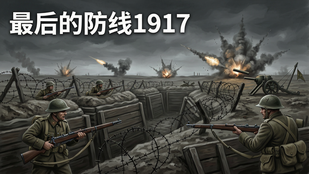 一幅写实风格的第一次世界大战战场全景图,画面中央是绵延的堑壕和铁丝网,远处有炮火爆炸的烟雾,近处有士兵持枪守卫,天空阴沉,整体色调偏灰暗与泥土色,画面左上角用白色粗体字写着“最后的防线1917”,风格为军事写实插画,细节丰富,画质清晰,干净无多余元素