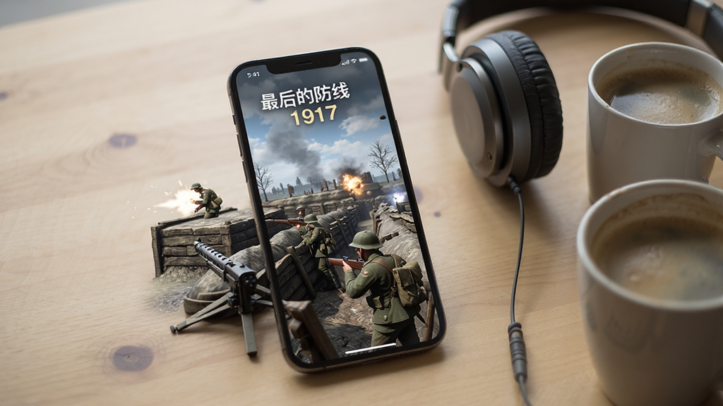 一部智能手机屏幕上显示“最后的防线1917”游戏战斗画面,画面中有堑壕、机枪堡垒和士兵,手机旁边放着一副耳机和一杯咖啡,背景是木质桌面,风格为生活化产品展示图,光线柔和,画质清晰,干净无多余元素