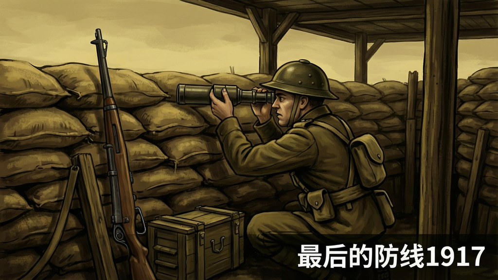 一幅描绘1917年堑壕内部场景的插画,画面中有沙袋堆叠的掩体、木制支撑结构、一名士兵正在通过潜望镜观察敌情,旁边放着步枪和弹药箱,画面右下角用白色字体标注“最后的防线1917”,风格为写实军事插画,色调偏暗黄与褐色,细节丰富,画质清晰,干净无多余元素