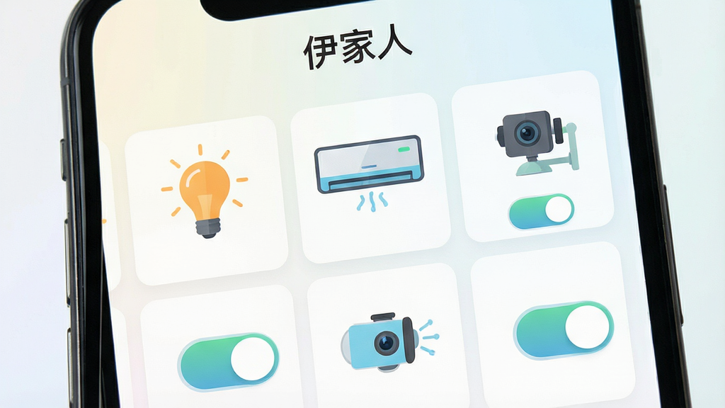 一张展示伊家人应用设备管理界面的图片,画面主体是手机屏幕特写,屏幕内显示多个智能设备图标与开关状态,包括灯泡、空调、摄像头等,布局为网格排列,风格为扁平化科技风,细节上图标线条简洁,背景为浅色渐变,画质高清,干净,无多余元素,屏幕上方有“伊家人”文字标识