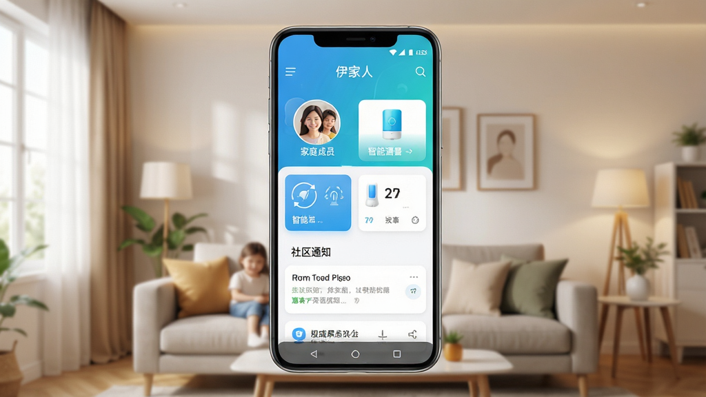 一张展示伊家人应用主界面的场景图,画面中央是安卓手机屏幕,屏幕内显示伊家人应用首页,包含家庭成员头像、智能设备卡片、社区通知栏等元素,手机下方有家庭客厅背景,布局居中对称,排版简洁清晰,风格为现代科技感与温馨家居结合,细节上手机边框圆润,屏幕色彩明亮,画质高清,干净,无多余元素