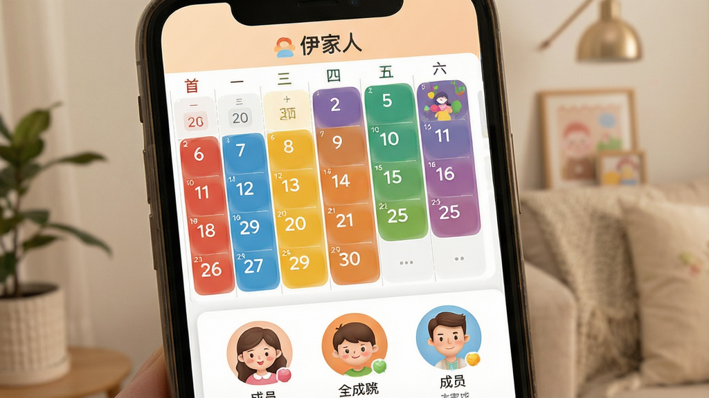 一张展示伊家人家庭日程共享功能的图片,画面主体为手机屏幕,屏幕内显示彩色日历视图与家庭成员头像列表,布局为上下结构,上方日历下方成员,风格为温馨生活化,细节上日期数字清晰,头像圆润,画质高清,干净,无多余元素,屏幕顶部有“伊家人”文字标识