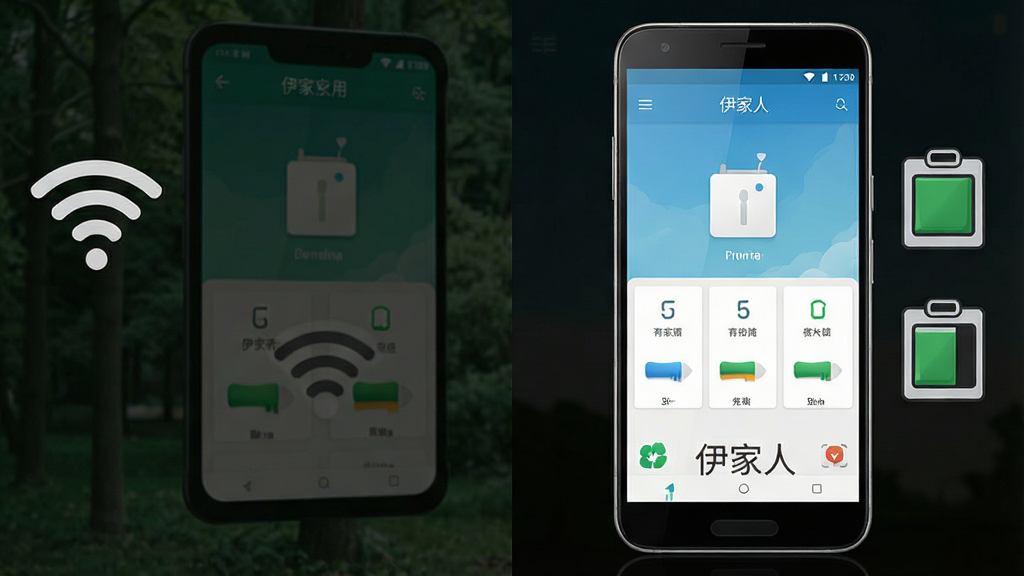 一张展示伊家人应用在安卓手机上运行流畅的示意图,画面主体为手机正面,屏幕内显示应用运行界面,旁边有WiFi信号图标与存储空间图标,布局为左右结构,风格为简洁说明风,细节上图标清晰,手机边框细腻,画质高清,干净,无多余元素,屏幕下方有“伊家人”文字标识
