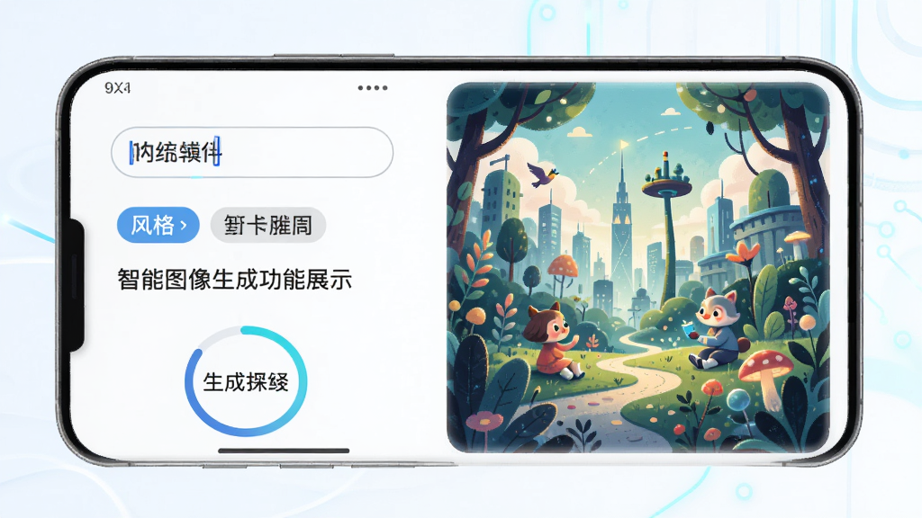 Deep智能生成AI软件中智能图像生成功能的展示图,画面主体为手机屏幕显示文字输入框和生成后的精美插画作品,布局为左文右图,风格为清新科技风,细节包括风格选择标签和生成进度环,画质高清,干净,无多余元素