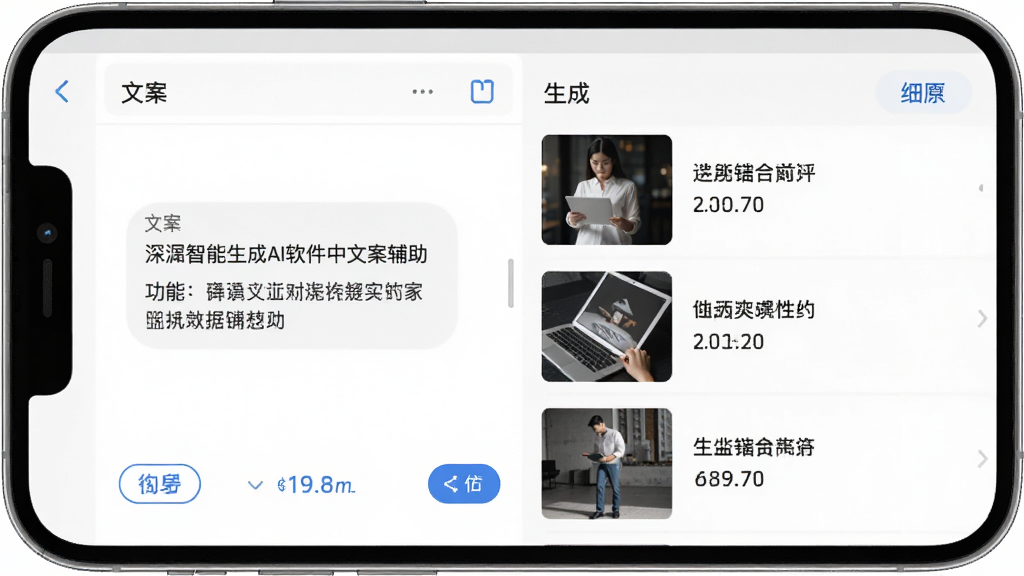 Deep智能生成AI软件中文案辅助功能的界面截图,画面主体为手机屏幕显示文案编辑区和生成结果列表,布局上下结构,风格为简约商务风,细节包括复制按钮和字数统计,画质高清,干净,无多余元素