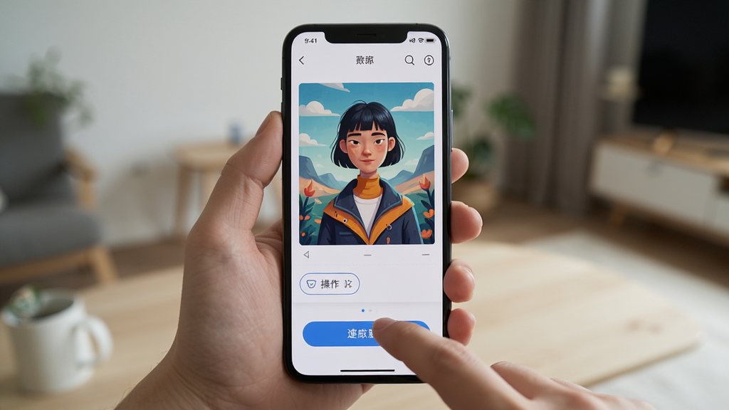 Deep智能生成AI软件在手机上的操作界面实拍图,画面主体为手持手机展示软件主界面,布局为居中构图,风格为真实生活场景风,细节包括手指点击生成按钮的动作和屏幕上的AI画作,画质高清,干净,无多余元素