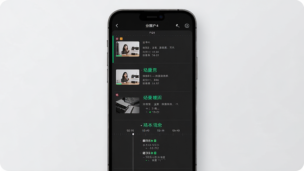 Deep智能生成AI软件中视频脚本构思功能的展示图,画面主体为手机屏幕显示分镜表格和脚本文字,布局为纵向列表,风格为现代简约风,细节包括时间轴和场景标注,画质高清,干净,无多余元素
