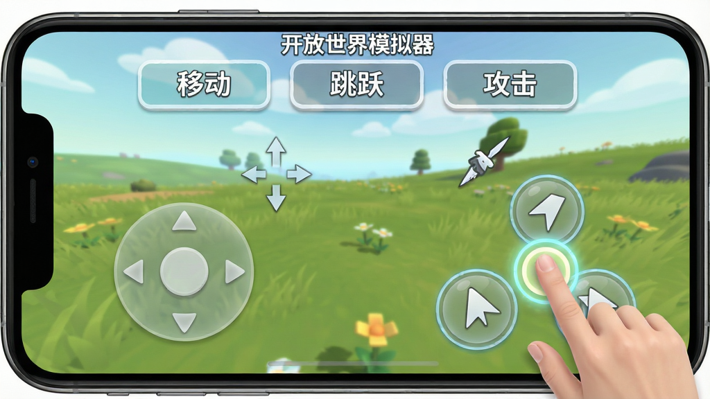 一张展示开放世界模拟器新手教程界面的图片,主体是游戏画面中出现的虚拟摇杆和跳跃按钮,旁边有手指点击的示意图。布局为手机横屏视角,背景是游戏内的草原场景。排版上教程文字框位于屏幕上方,包含“移动”“跳跃”“攻击”等标签。风格为清新卡通,色彩柔和。细节上按钮有半透明效果,手指图标有高亮光圈。画质为高清,画面干净,无多余元素,图中文字标注为“开放世界模拟器”。