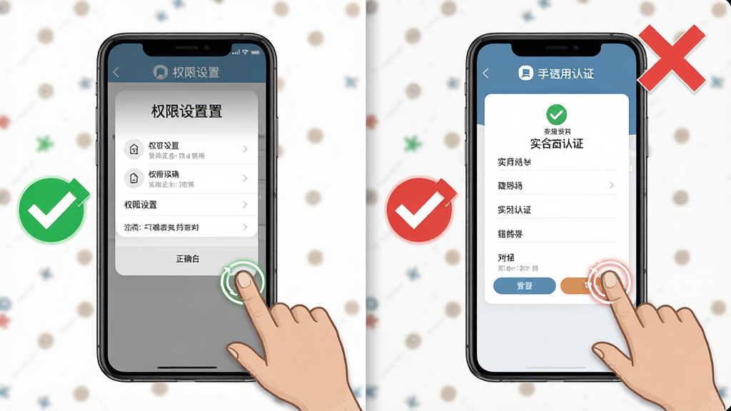 货车接货司机帮新手使用教程示意图,主体为手机屏幕显示权限设置页面和实名认证表单,布局采用左右分栏对比展示正确与错误操作,排版清晰直观,风格为教程图解风,细节包括绿色对勾和红色叉号标识、手指点击动画,画质高清,画面干净,无多余元素