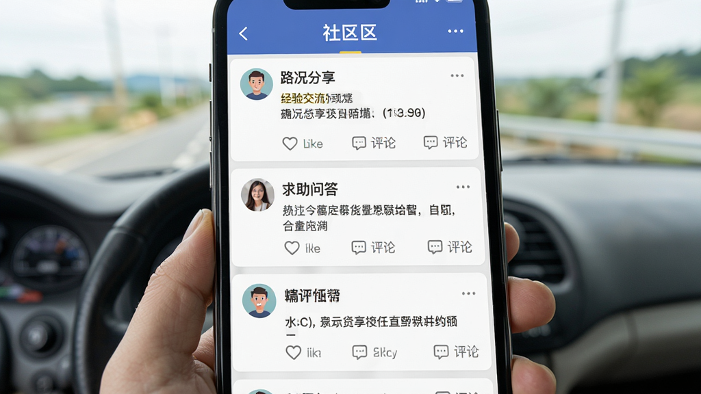 货车接货司机帮司机互助社区界面,主体为手机屏幕显示社区帖子列表,帖子内容包含路况分享、经验交流、求助问答等,布局采用上下滚动的信息流排版,风格为社交社区风,细节包括每条帖子旁边的用户头像、点赞和评论图标,画质高清,画面干净,无多余元素