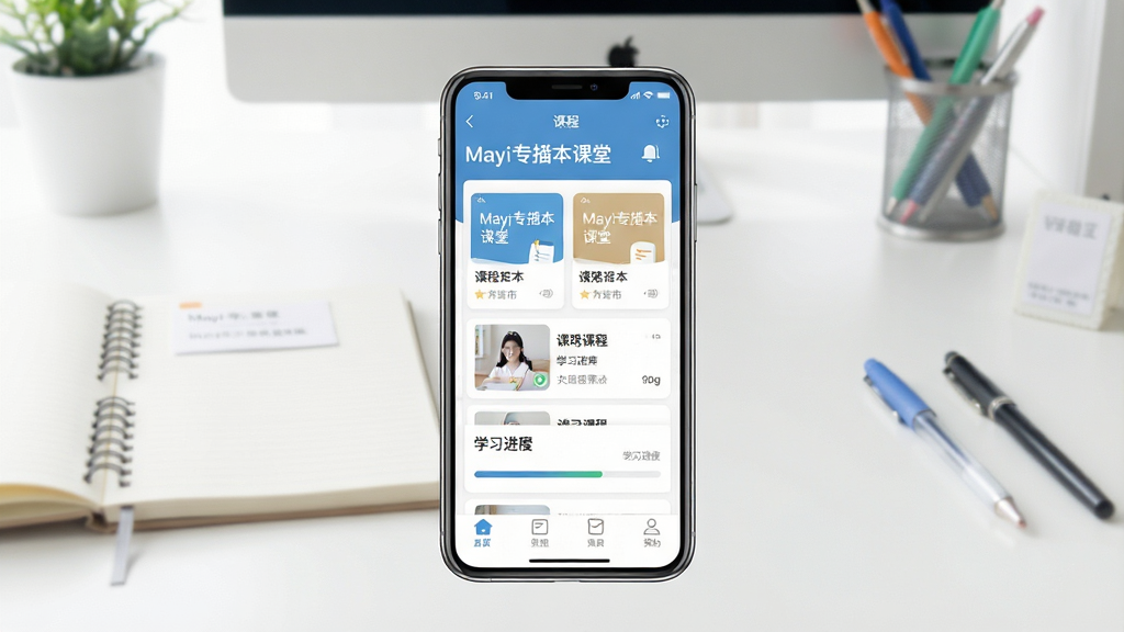 一张展示Mayi专插本课堂手机应用主界面的场景图,画面中央是一部竖屏智能手机,屏幕内显示课程列表与学习进度条,背景为明亮整洁的书桌环境,桌上摆放笔记本和文具,整体布局居中对称,风格清新简约教育风,细节包含软件名称「Mayi专插本课堂」字样、课程卡片和底部导航栏图标,画质高清干净无多余元素