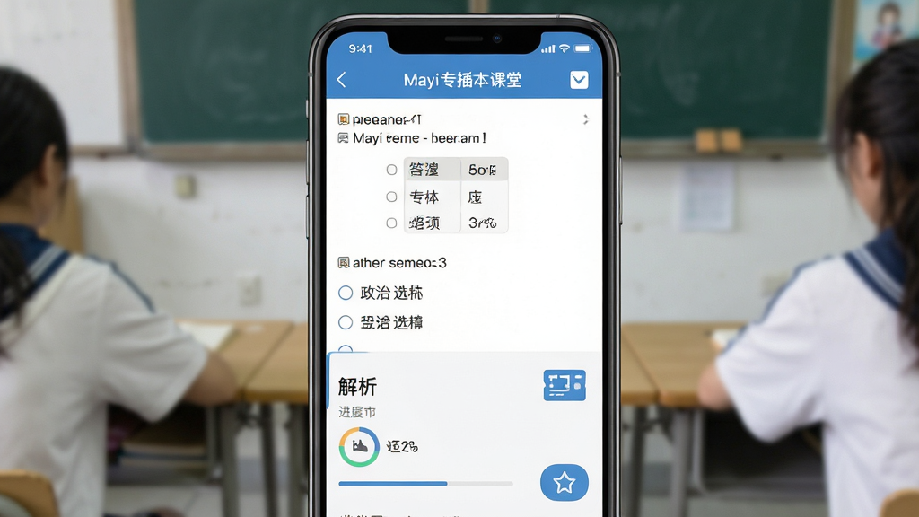 一张展示Mayi专插本课堂题库练习界面的场景图,画面主体为手机屏幕内显示一道政治选择题及四个选项,下方展开解析区域,屏幕顶部有「Mayi专插本课堂」标题栏,布局为居中竖向排列,风格为扁平化教育类UI设计,细节包含答题卡图标、进度百分比和收藏按钮,画质清晰干净无多余元素
