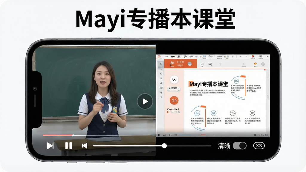 一张展示Mayi专插本课堂视频课程播放界面的场景图,画面中央为手机横屏播放状态,屏幕内显示讲师授课画面与PPT课件同步展示,底部有播放控制条,屏幕上方标注「Mayi专插本课堂」字样,布局为居中横向排版,风格为现代在线教育视频界面,细节包含倍速按钮、清晰度切换和字幕开关图标,画质高清干净无多余元素
