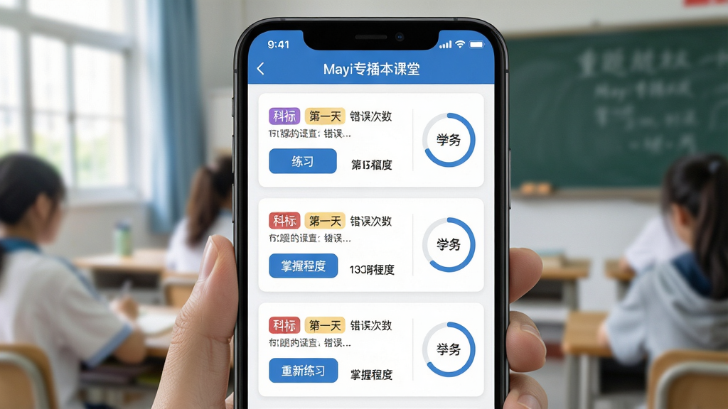 一张展示Mayi专插本课堂错题本功能的场景图,画面主体为手机屏幕显示错题列表,每条错题标注科目标签和错误次数,屏幕顶部有「Mayi专插本课堂」名称,布局为竖向列表居中排列,风格为清爽卡片式UI设计,细节包含重新练习按钮和掌握程度进度环,画质清晰干净无多余元素