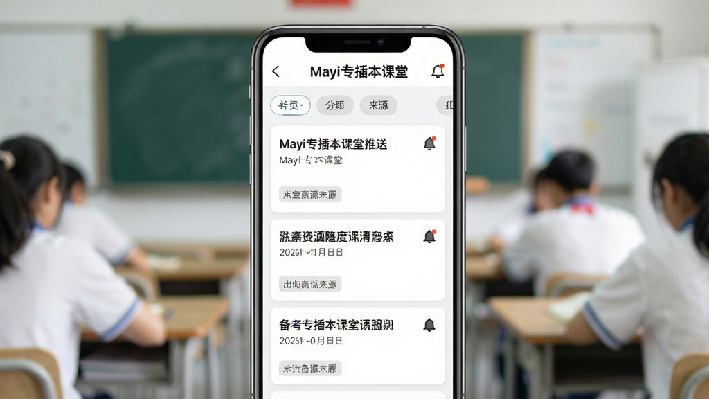 一张展示Mayi专插本课堂资讯推送页面的场景图,画面中央为手机屏幕显示多条备考资讯卡片,每条卡片包含标题、日期和来源标签,屏幕上方标注「Mayi专插本课堂」,布局为竖向滚动列表居中排列,风格为新闻资讯类简洁UI,细节包含铃铛通知图标和分类筛选标签,画质高清干净无多余元素