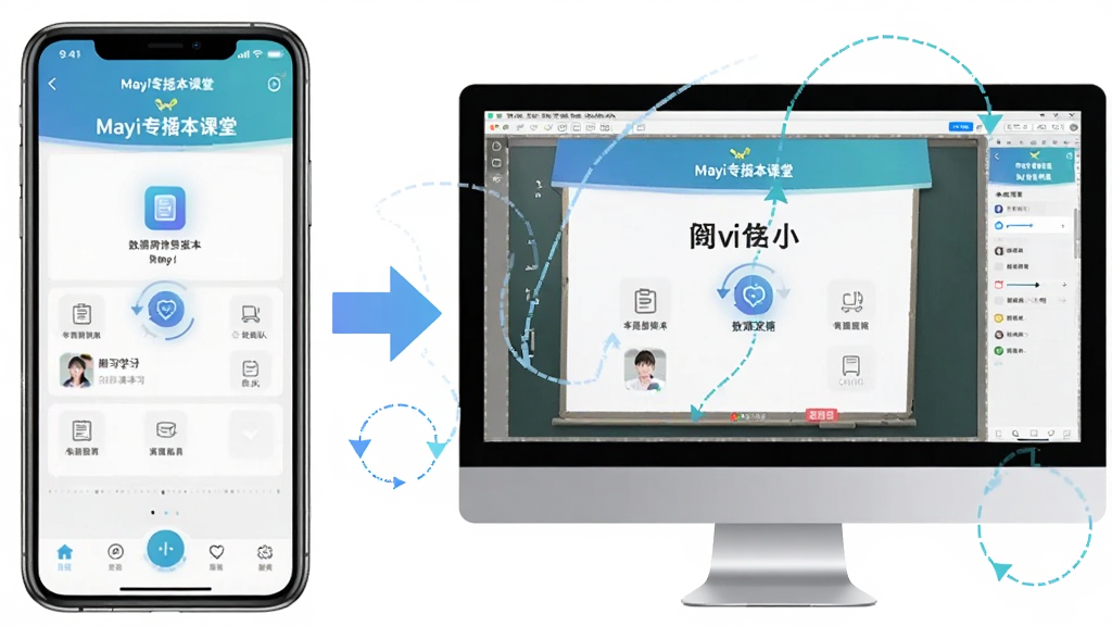 一张展示Mayi专插本课堂在手机与电脑模拟器上同步使用的场景图,画面左侧为竖屏手机显示学习界面,右侧为电脑屏幕通过模拟器运行同一应用,中间用同步箭头连接,布局为左右对比居中排列,风格为科技感教育场景,细节包含「Mayi专插本课堂」字样、数据同步图标和设备边框,画质高清干净无多余元素