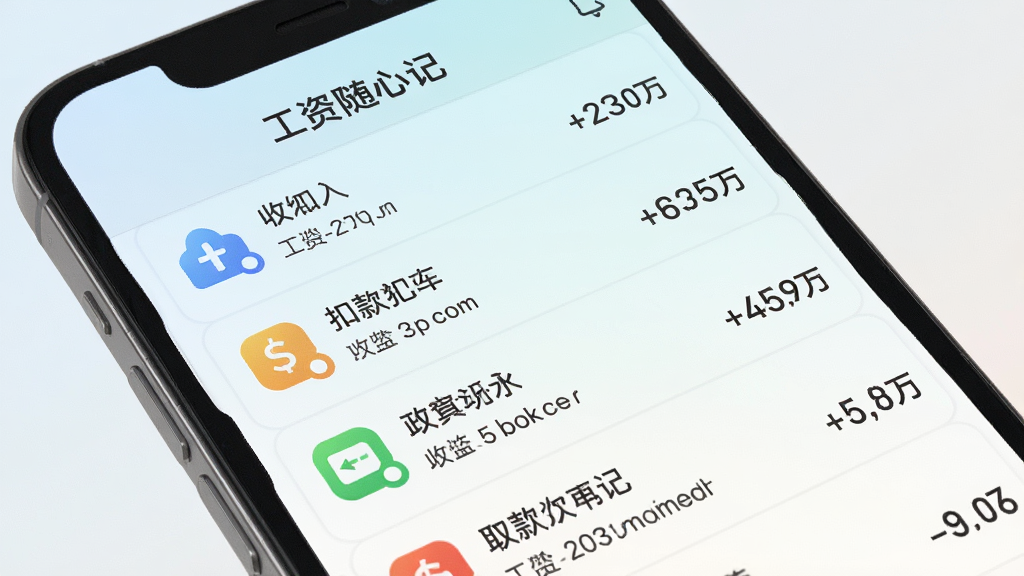 工资随心记工资明细记录功能展示,手机屏幕特写,画面中显示多条收入与扣款记录列表,每条记录带有图标和金额数字,背景为浅色渐变,风格清新简约,细节清晰,画质干净