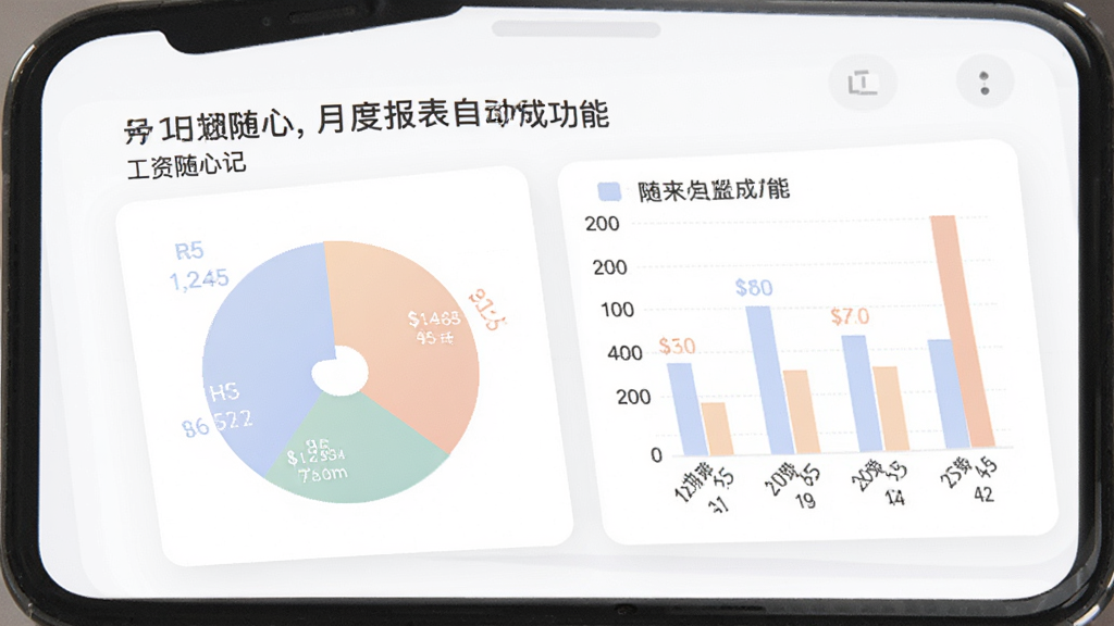 工资随心记月度报表自动生成功能,画面展示手机屏幕上的饼状图和柱状图,图表颜色柔和,数据标注清晰,背景为白色卡片式布局,风格现代简约,画质干净无杂乱元素