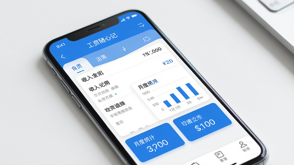 工资随心记应用主界面展示,画面中央是一部智能手机,屏幕上显示工资记账界面,包含收入明细列表、月度统计图表和数字汇总卡片,布局清晰,采用蓝白配色,风格简洁商务,细节精致,画质干净无多余元素