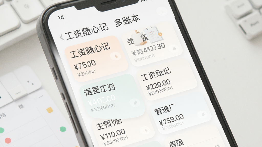 工资随心记多账本分类管理界面,手机屏幕显示多个账本卡片,每个卡片标注不同名称和金额汇总,布局整齐,采用柔和圆角设计,风格清爽素雅,画质干净