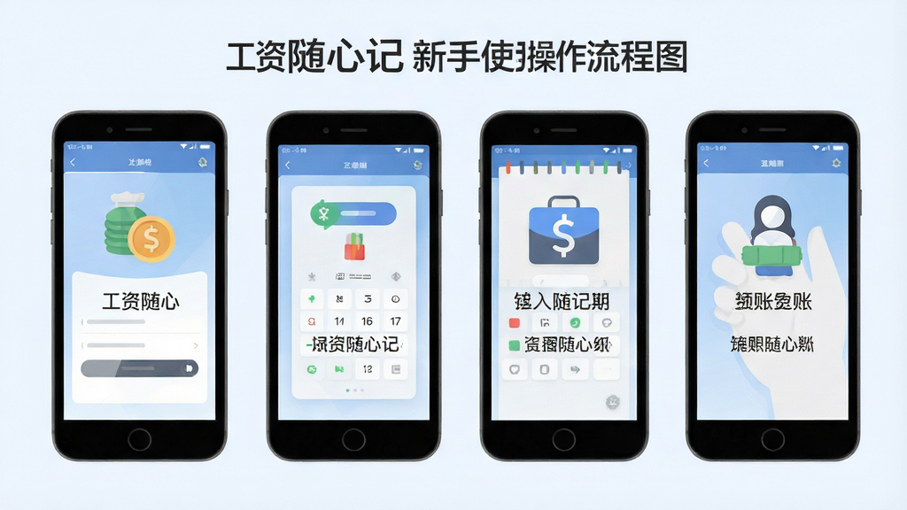 工资随心记新手使用操作流程图,画面展示手机屏幕从安装到记账的四个步骤示意图,包含图标和简短文字标注,采用扁平化设计风格,浅色背景,细节清晰,画质干净