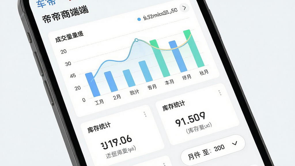一车帝商户端数据统计看板展示,手机屏幕呈现柱状图与数字卡片,布局为上下分栏,风格为清新浅色,细节包含成交量曲线、库存统计数字、月份筛选器,画质清晰,干净,无多余元素