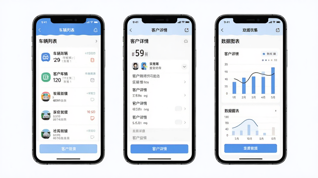 一车帝商户端软件功能界面合集展示,画面由三张手机屏幕并排组成,分别展示车辆列表、客户详情、数据图表,布局为横向排列,风格为扁平化设计,细节包含图标、文字标签、按钮元素,画质清晰,干净,无多余元素