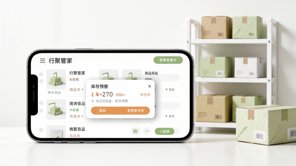 行聚管家商品管理功能展示图,画面中一部手机横屏放置,屏幕上显示商品列表与库存预警弹窗,旁边有简约的货架与包装盒作为装饰元素,整体色调以白色和浅绿色为主,风格清新干净,画质细腻,无多余元素。