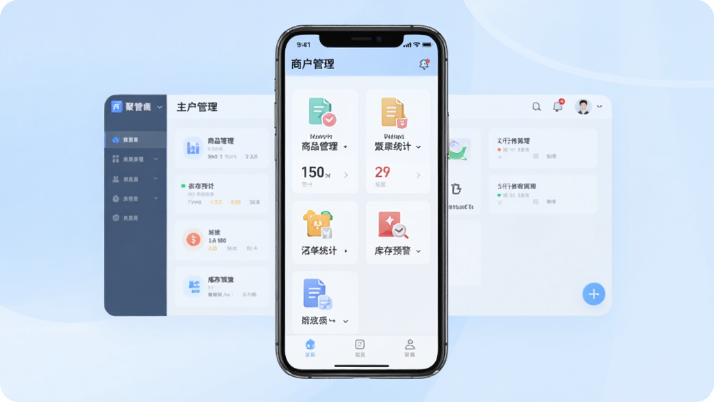 行聚管家软件主界面预览图,画面中央展示一部智能手机,手机屏幕上显示商户管理后台的卡片式布局,包含商品管理、订单统计、库存预警等模块图标,背景为干净的浅蓝色渐变,整体风格简洁商务,画质清晰,无多余元素。