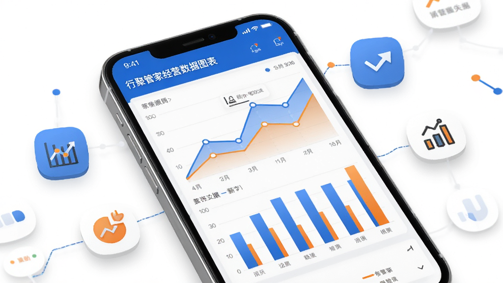 行聚管家经营数据图表页面展示图,画面中手机屏幕显示折线图与柱状图组合的数据面板,图表颜色以蓝色和橙色区分,背景为干净的白色,手机周围有简约的数据图标点缀,整体风格现代商务,画质清晰,无多余元素。
