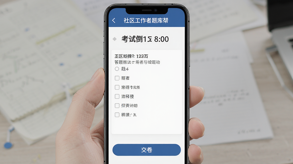 ��������������ģ�⿼�Խ��棬�ֻ���Ļ��ʾ���Ե���ʱ����⿨����Ŀ��������չʾѡ���������ѡ��ײ��н�����ť�������������࣬�������������������֣����廭�ʣ��ɾ��޶���Ԫ��