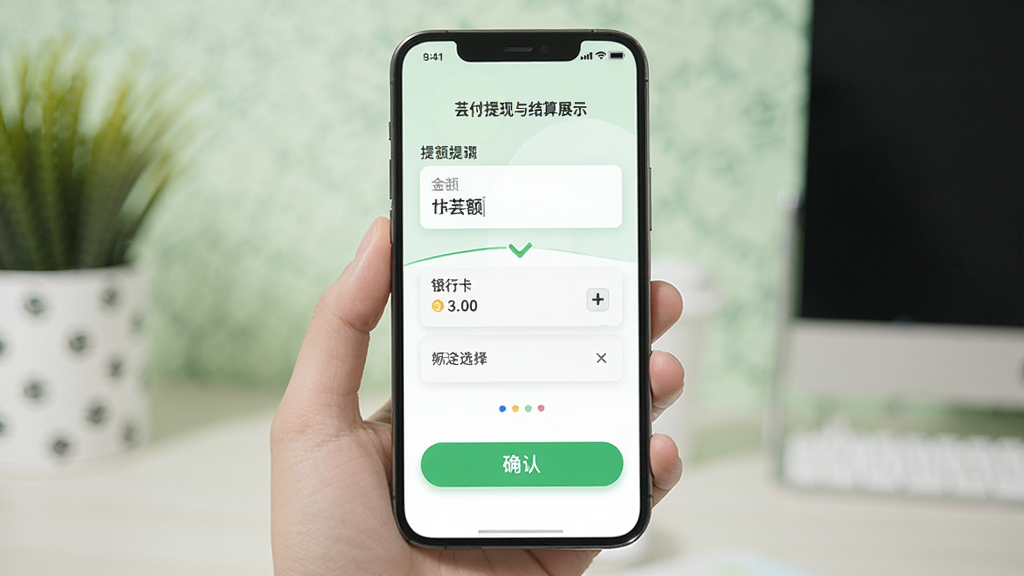 芸芸付便捷提现与结算功能展示,手机屏幕中显示提现操作界面,包含金额输入框、银行卡选择项和确认按钮,背景为浅绿色清新风格,排版简洁流畅,细节上体现资金流转的高效性,画质清晰干净,无多余元素