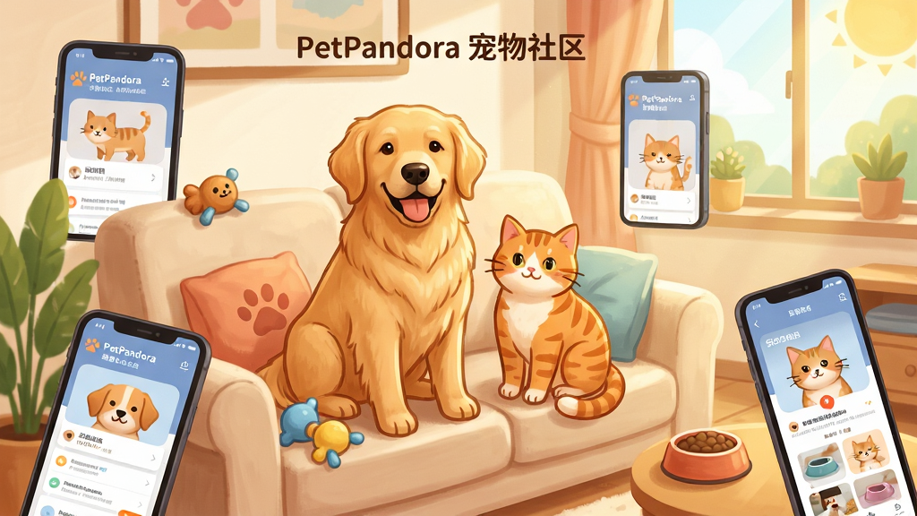 一个温馨的宠物社区场景,画面中心是一只可爱的金毛犬和一只橘猫坐在沙发上,周围环绕着手机屏幕显示宠物动态界面,背景是明亮的客厅,布局采用三分法构图,排版简洁清晰,风格为温暖治愈系插画,细节包括宠物玩具、食盆、窗外阳光,画质高清,干净,无多余元素,图片中文字为“PetPandora宠物社区”