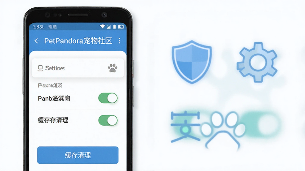 一部安卓手机屏幕显示PetPandora宠物社区的新手引导页面,旁边有盾牌和齿轮图标代表安全设置,主体为手机和图标,布局为左右对称,排版清晰,风格为科技简约风,细节包括设置菜单、权限开关、缓存清理按钮,画质高清,干净,无多余元素,图片中文字为“PetPandora宠物社区”