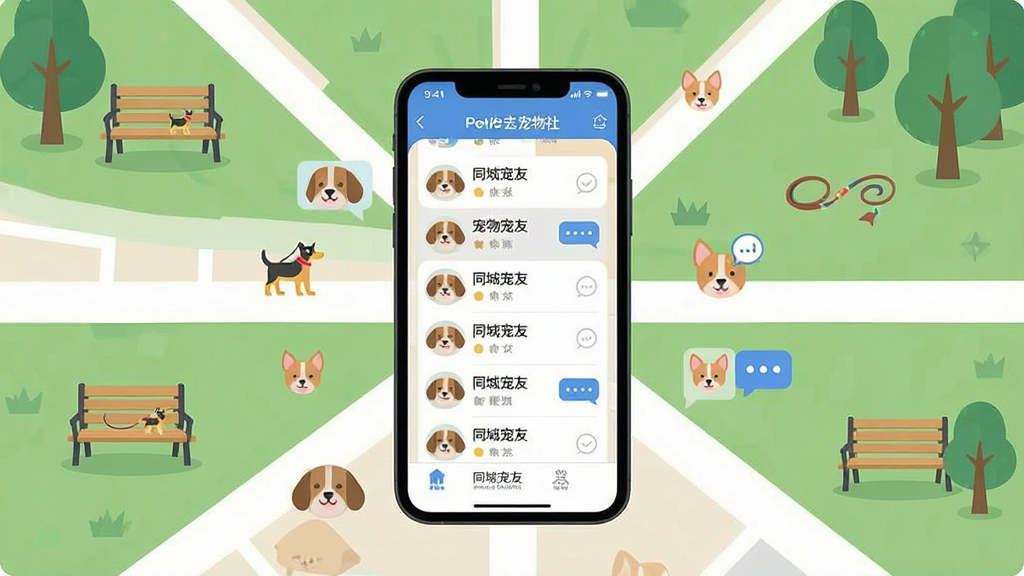 一张城市公园地图上分布着多个宠物头像图标,中心是手机界面显示同城宠友列表,主体为地图和手机,布局为居中辐射式,排版清晰,风格为扁平化设计,细节包括公园长椅、遛狗绳、聊天气泡,画质高清,干净,无多余元素,图片中文字为“PetPandora宠物社区”