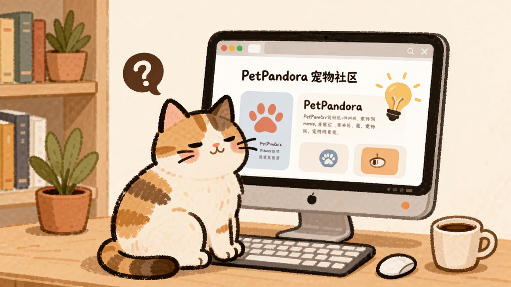 一只猫咪坐在电脑前,屏幕上显示宠物问答社区界面,旁边有问号和灯泡图标,主体为猫咪和电脑,布局为居中构图,排版简洁,风格为温馨手绘风,细节包括书架、绿植、咖啡杯,画质高清,干净,无多余元素,图片中文字为“PetPandora宠物社区”