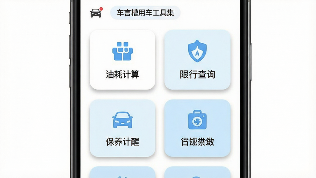 一张展示车言槽用车工具集页面的场景图,主体为手机屏幕内排列的多个功能卡片,卡片上分别标注油耗计算、保养提醒、限行查询等图标与文字,布局为两列网格排列,排版整齐,风格为圆角卡片式设计,配色以白色和浅蓝色为主,细节上每个卡片带有微小图标和阴影,背景为纯白色,画质清晰,干净,无多余元素