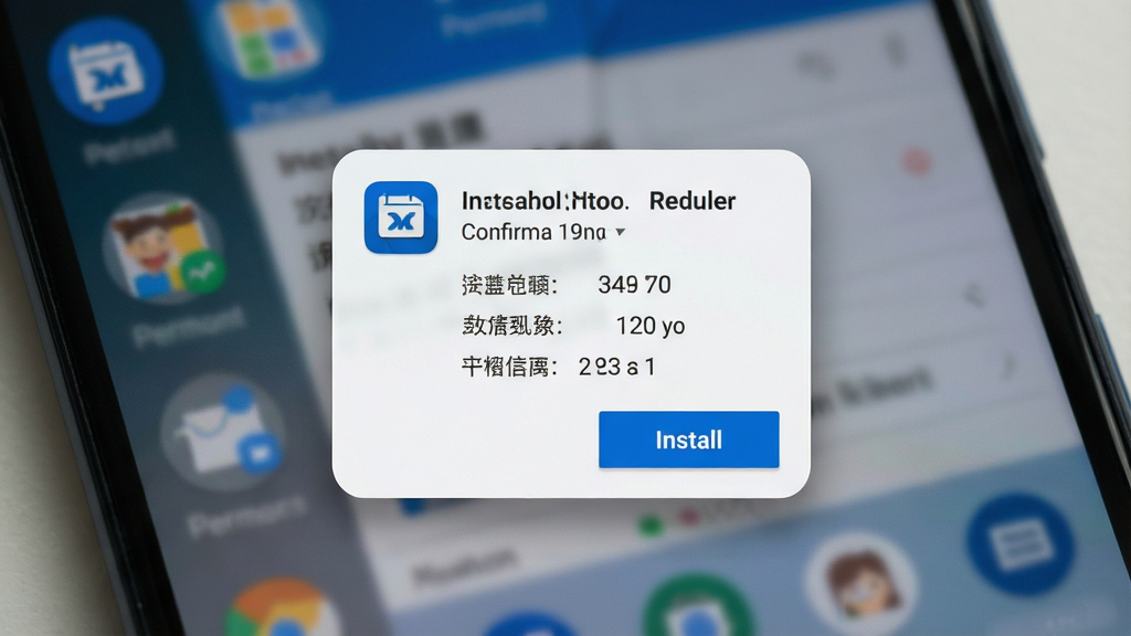 一张展示安卓手机安装车言槽过程的场景图,主体为手机屏幕显示安装确认弹窗,弹窗内包含应用图标、权限列表和安装按钮,布局为居中弹窗式,排版简洁,风格为安卓原生Material Design,配色以白色和蓝色为主,细节上弹窗带有圆角与阴影,背景为手机桌面模糊化处理,画质清晰,干净,无多余元素