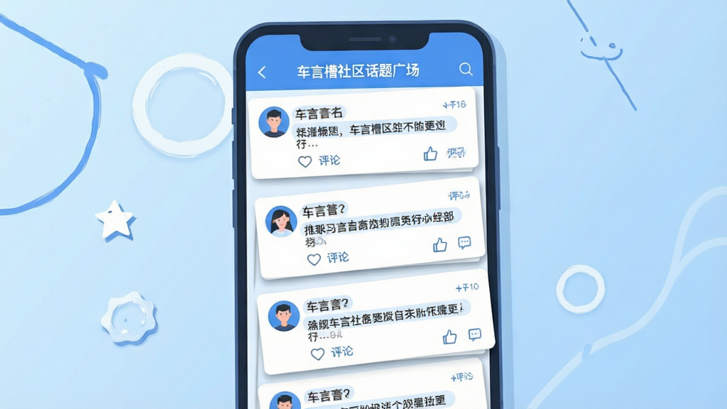 一幅展示车言槽社区话题广场界面的插图,主体为手机屏幕内的多条动态卡片,卡片上配有用户头像、文字内容和点赞评论图标,布局为纵向列表排列,排版错落有致,风格为扁平化插画风,配色以蓝白为主,细节上动态卡片带有轻微的阴影层次,背景为浅蓝色渐变,画质清晰,干净,无多余元素